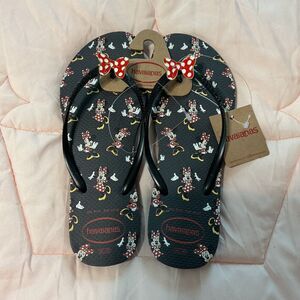 Havaianas Minnie Flip Flops Black Metal Red/White Bow Minnie Character 9/10